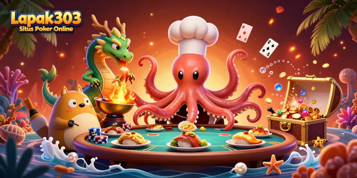 Engage with Lapak303 Situs Poker Online through a vibrant 3D illustration showcasing exciting poker action and unique characters.