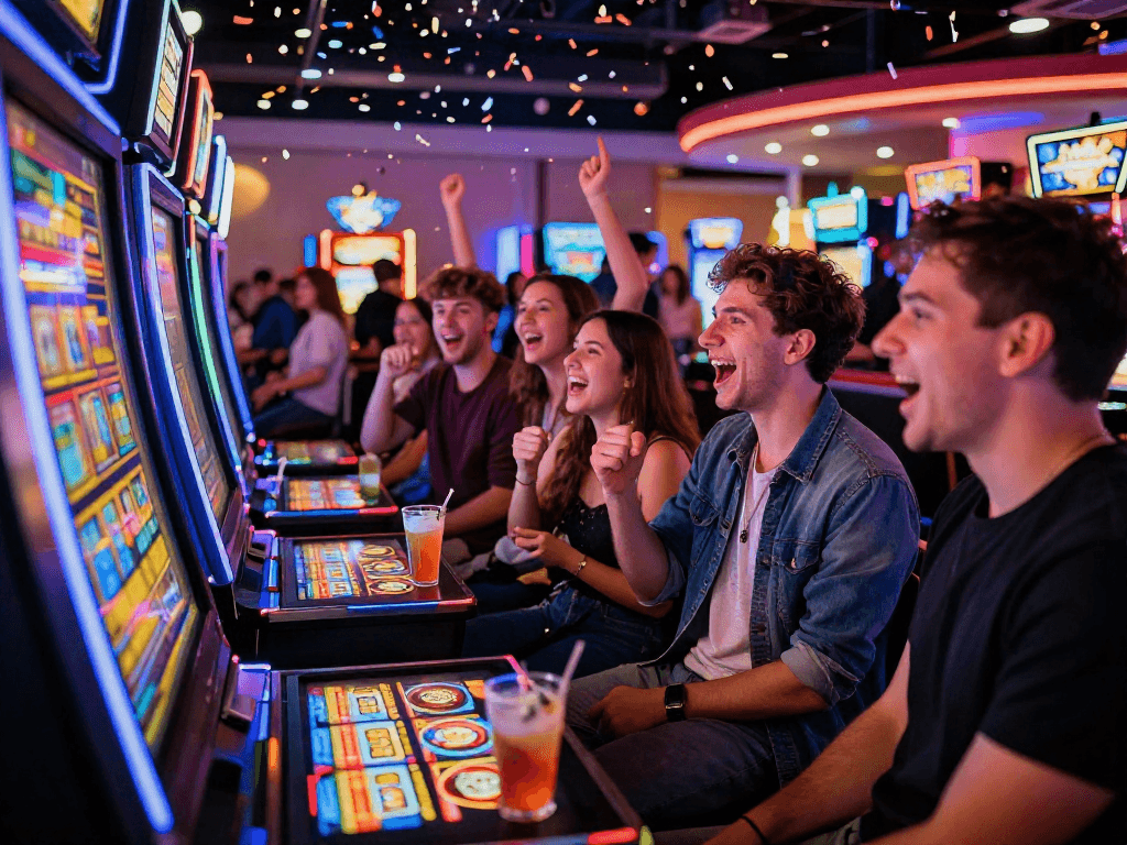 Friends enjoying a slot bonus in a vibrant casino setting with colorful lights and excitement.