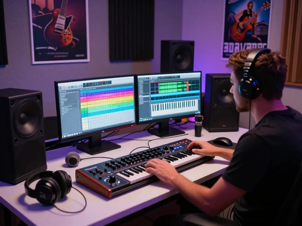 SC88 sound module in a professional music studio during mixing session.