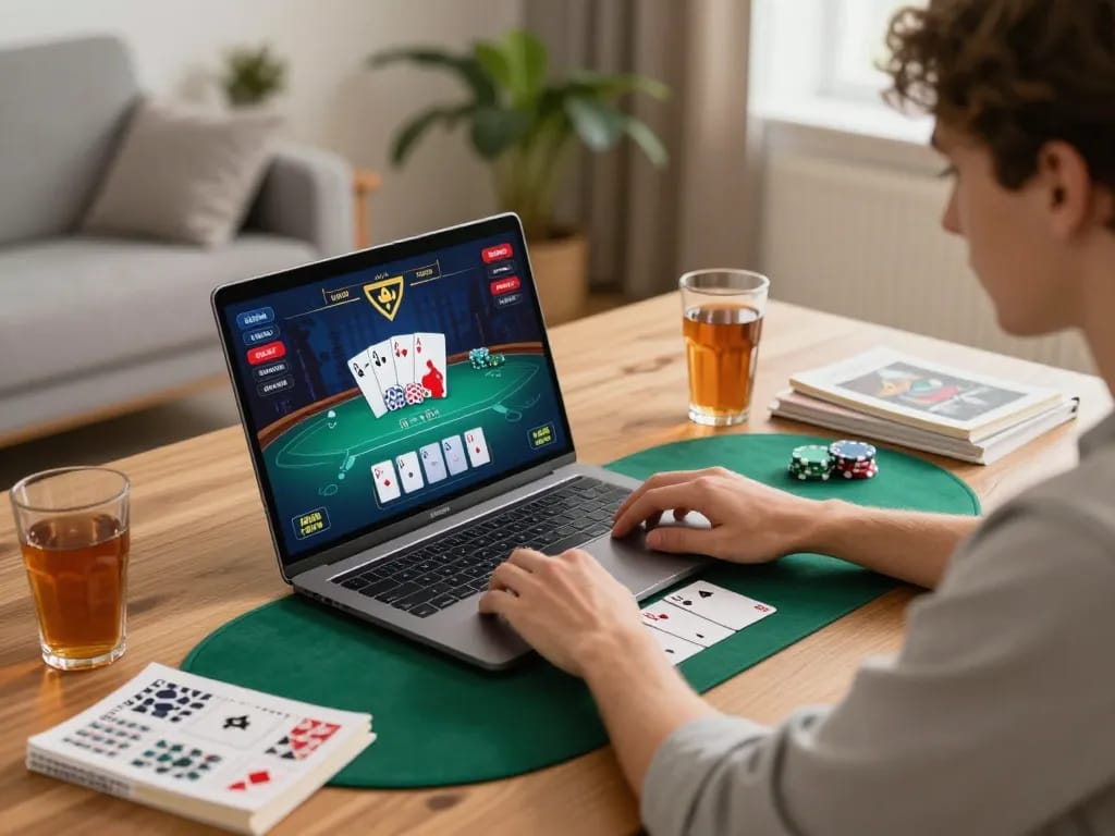 vipwin user engaging in online poker session at home, showcasing strategic gameplay and cozy atmosphere