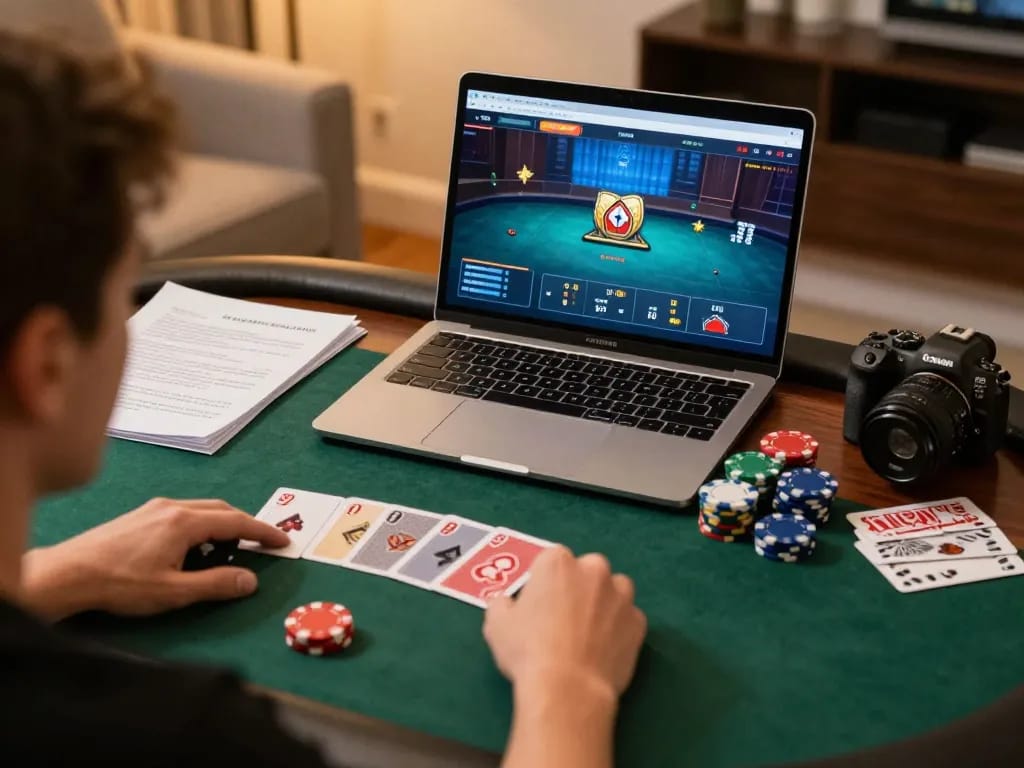 Engaging in a poker game on laptop showcasing the Thương hiệu 79king in a cozy setting.