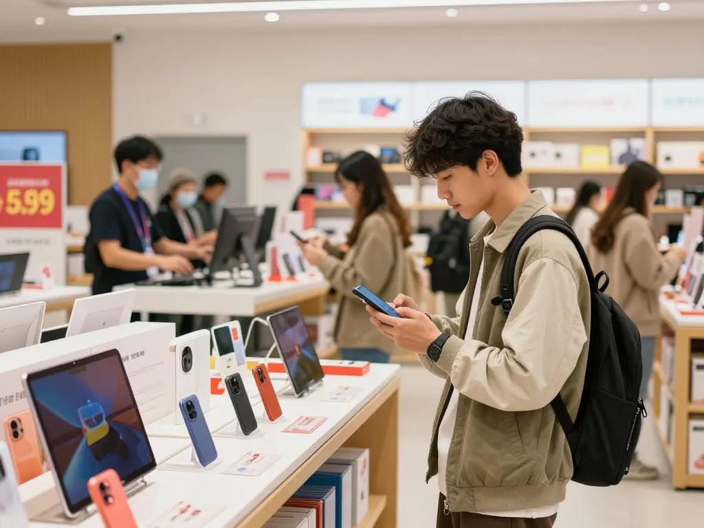 Shopper exploring promotions at https://hubet88.icu/ in a vibrant retail space.