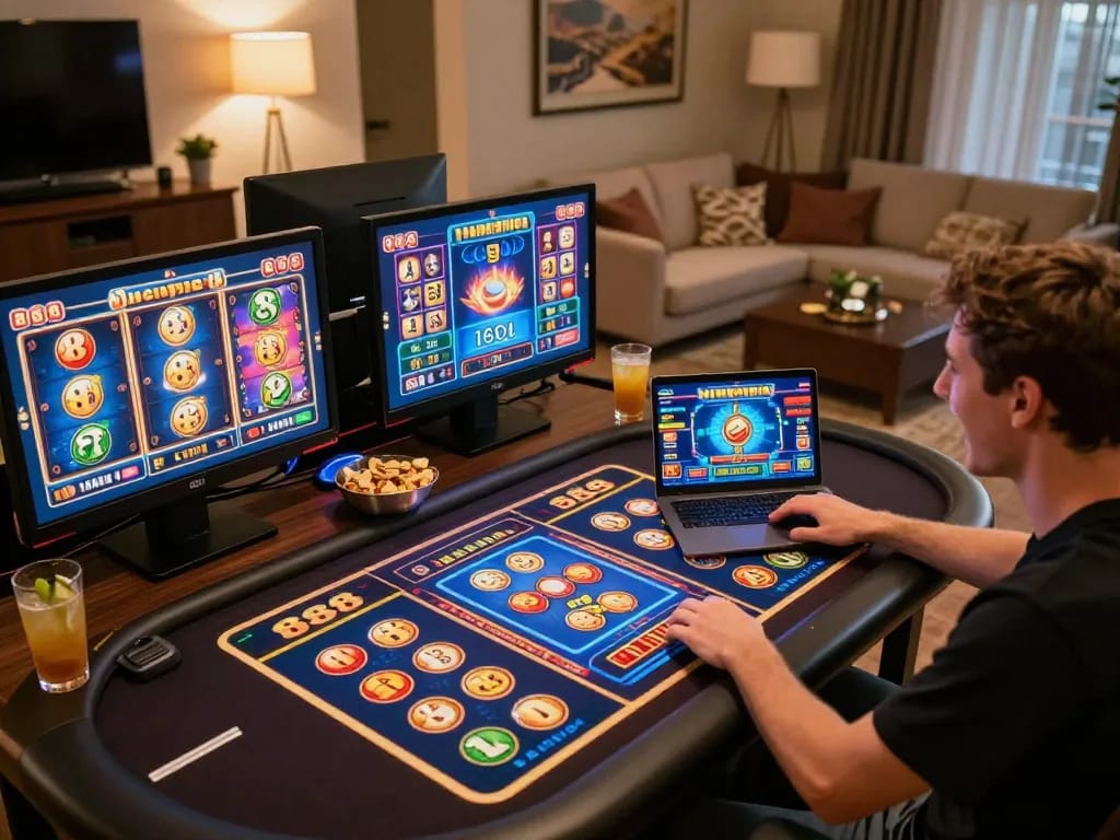 Engaging in vibrant slot88 gameplay at home during an exciting online casino session.