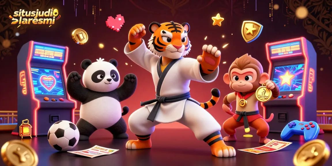 Situsjudibolaresmi showcases a kung fu tiger master with sports betting elements, capturing the thrill of online gambling.