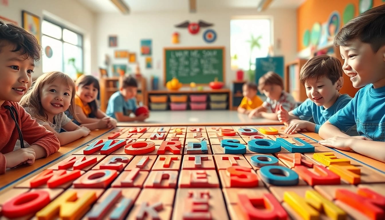 Engaged kids solving a Word Soup puzzle in a lively classroom.