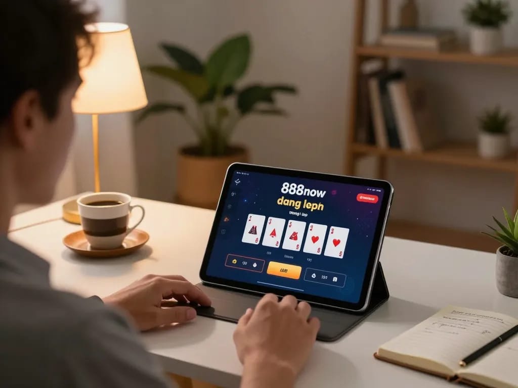 Engaging setup for 888now đăng nhập in online casino gaming on a tablet in a cozy home environment.