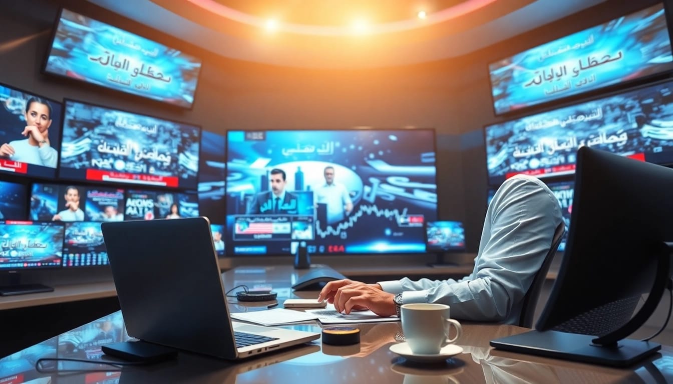تغطية اخبار العرب في غرفة أخبار عصرية مع شاشات رقمية وتفاصيل احترافية.
