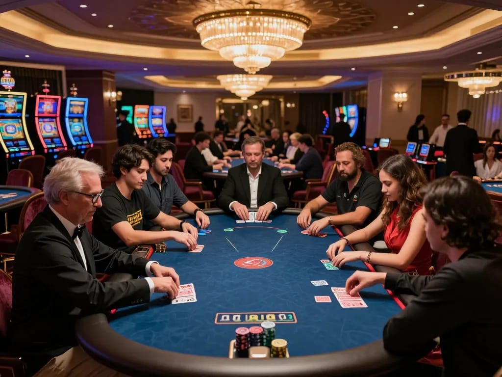 Intense gameplay at Nhà cái MM88 casino with players engaged at poker tables under elegant lighting.