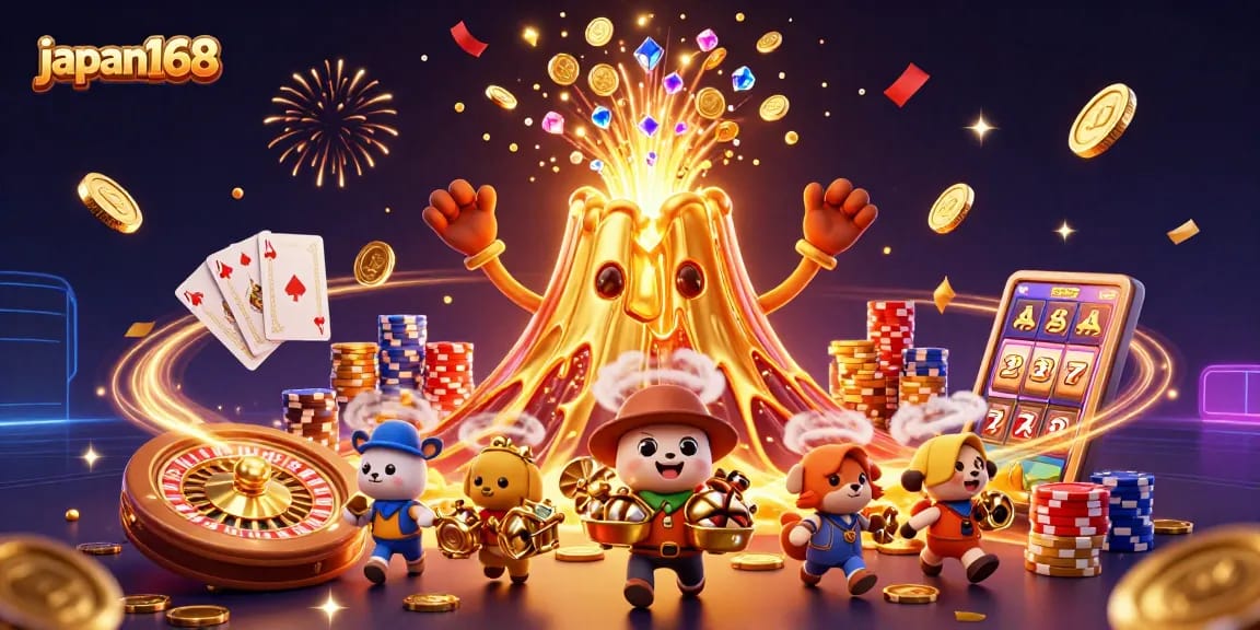 Experience winning thrills at japan168 with a vibrant casino illustration featuring golden treasures.