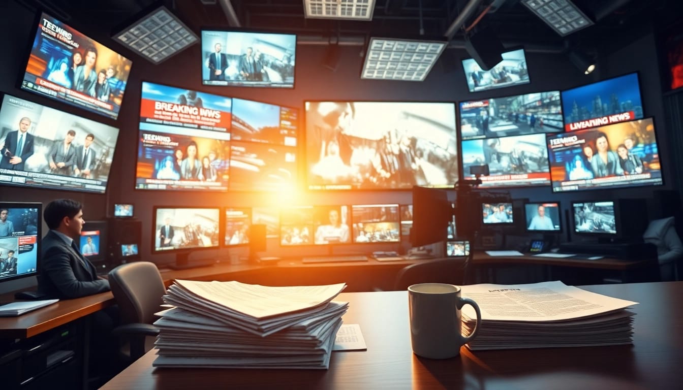 Captivating scene of a newsroom actively reporting news, showcasing dynamic journalists and technology.