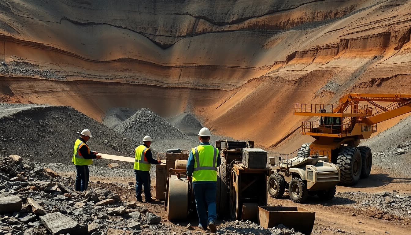 Miners operating heavy machinery in an open pit mining environment with layers of minerals.