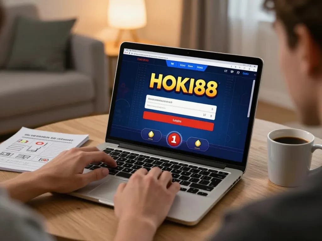 Berinteraksi dengan login alternatif HOKI88 di laptop di rumah yang nyaman, menampilkan strategi perjudian online