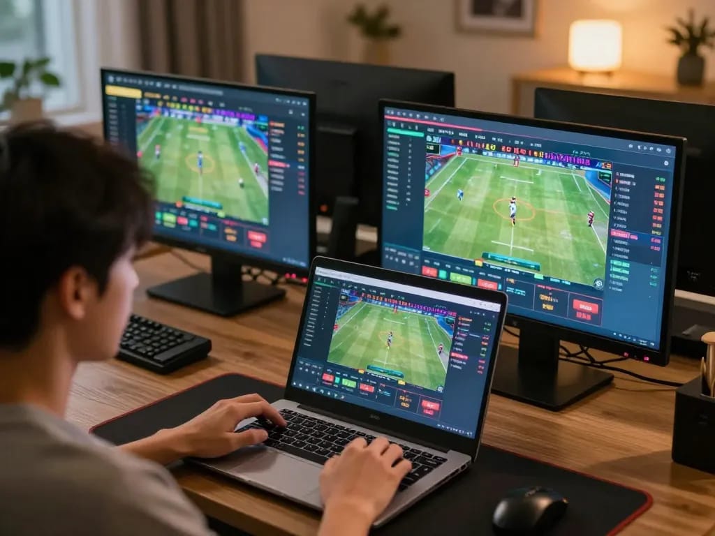 Engage in strategic sports betting at fb88 with a dynamic home gaming setup featuring live data and multiple screens.