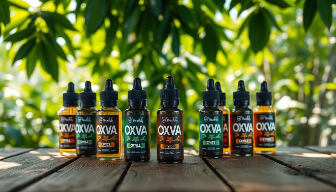 Genießen Sie das Oxva Liquid in einer ansprechenden Anordnung von Flaschen vor einer grünen Kulisse.