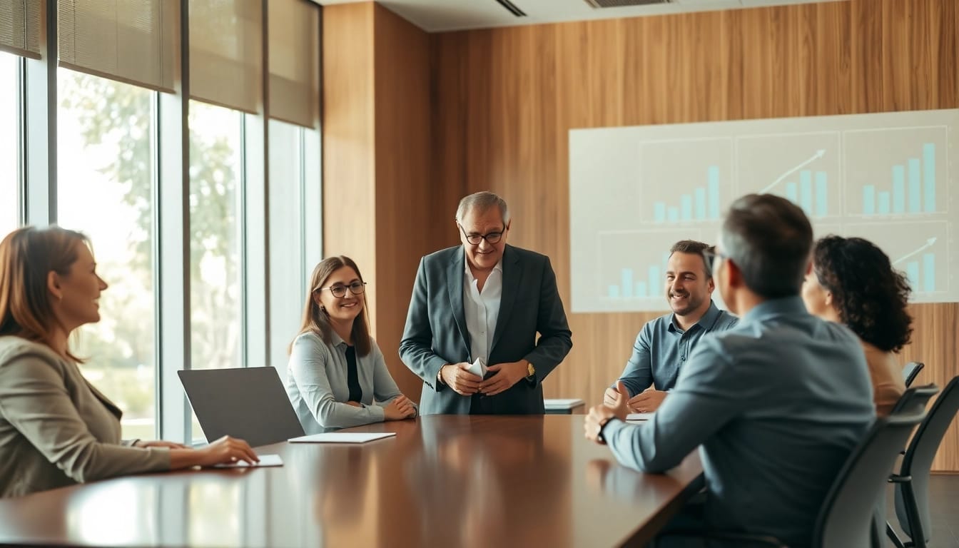 Engaging financial advisor leading retirement planning for business owners San Antonio in a modern office setting.