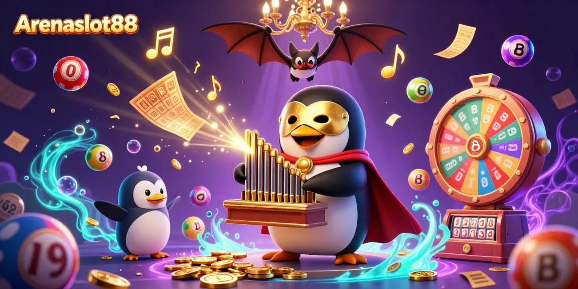 Arenaslot88 enchants players with a lively 3D casino scene filled with colorful lottery balls, golden coins, and engaging game elements.