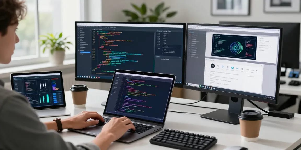 Professional workspace scene at 纸飞机官网, featuring a developer coding on multiple screens.