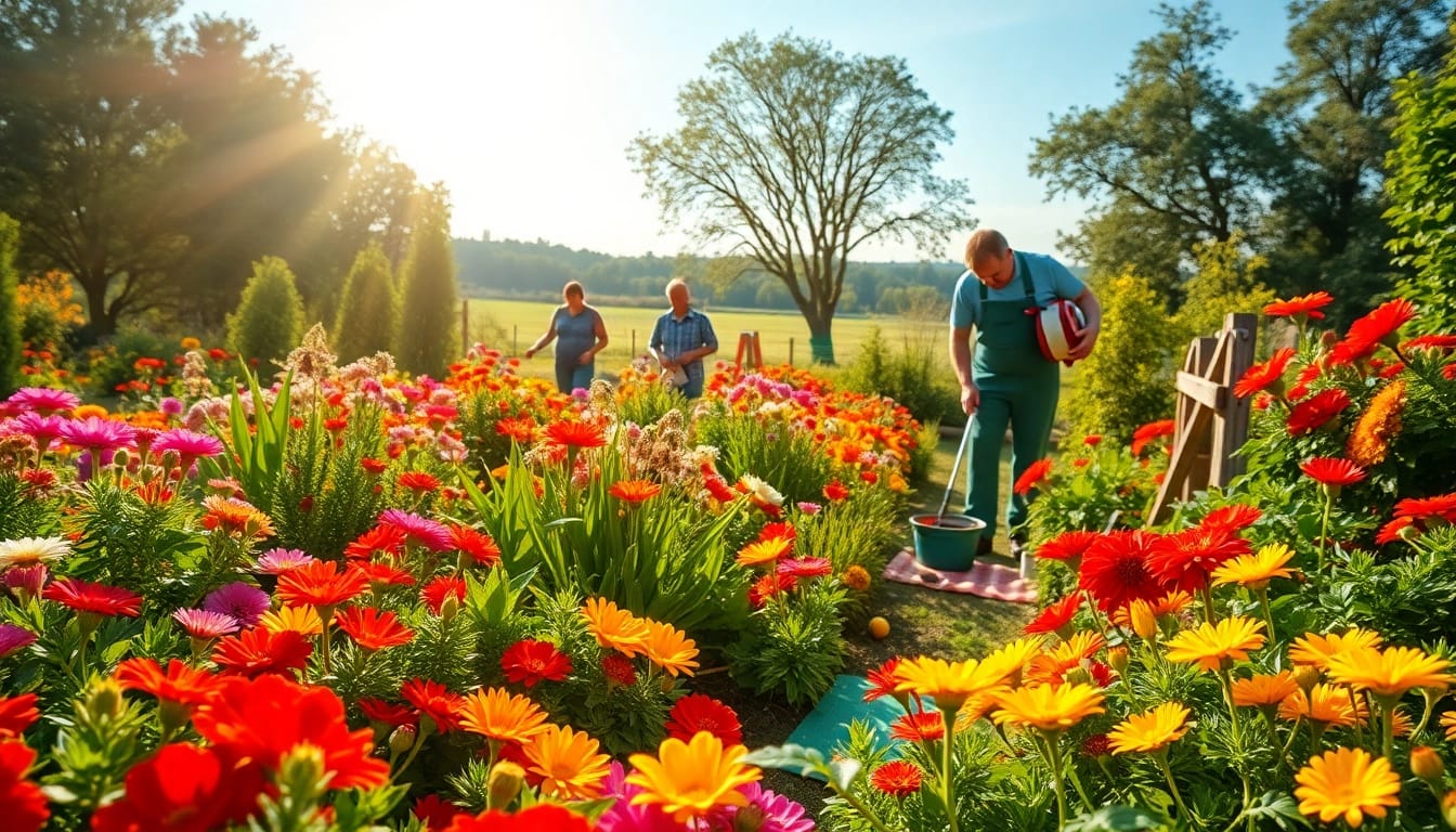 Gardening scene illustrating a gardener nurturing vibrant flowers in a sunlit landscape.