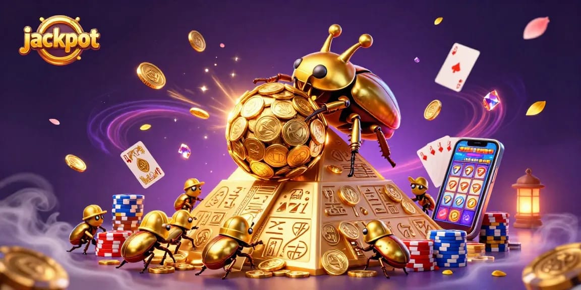 Experience the jackpot thrilling moments with cartoon beetles and cascading coins in this lively casino scene.