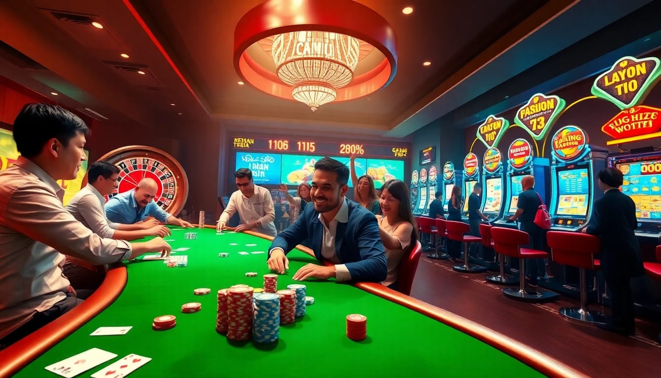 Casino scene depicting players at a poker table and colorful slot machines - KJC AC 2 excitement awaits!