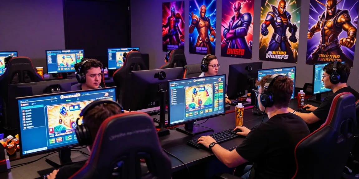 Exciting garuda303 slot gaming scene with players engaged in vibrant gaming studio atmosphere.