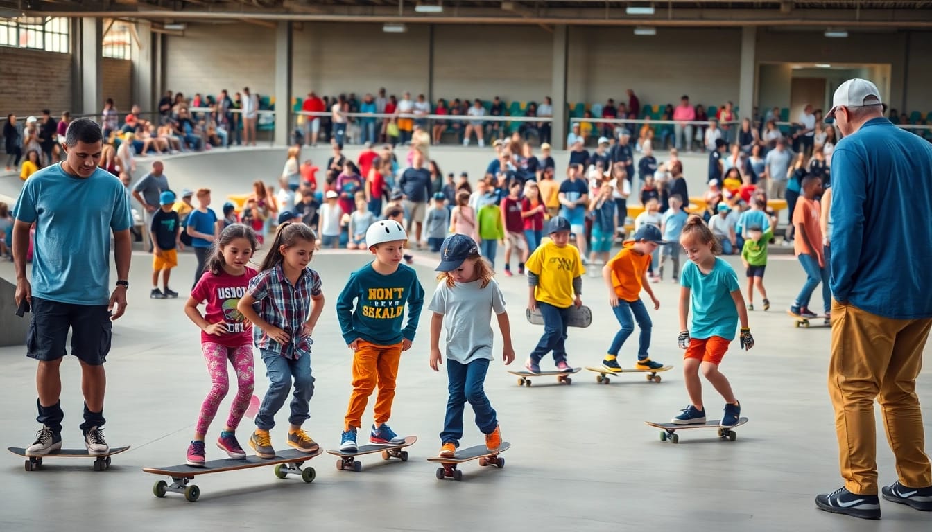 École skate paris avec des enfants et des instructeurs pratiquant le skateboard dans un skatepark animé.