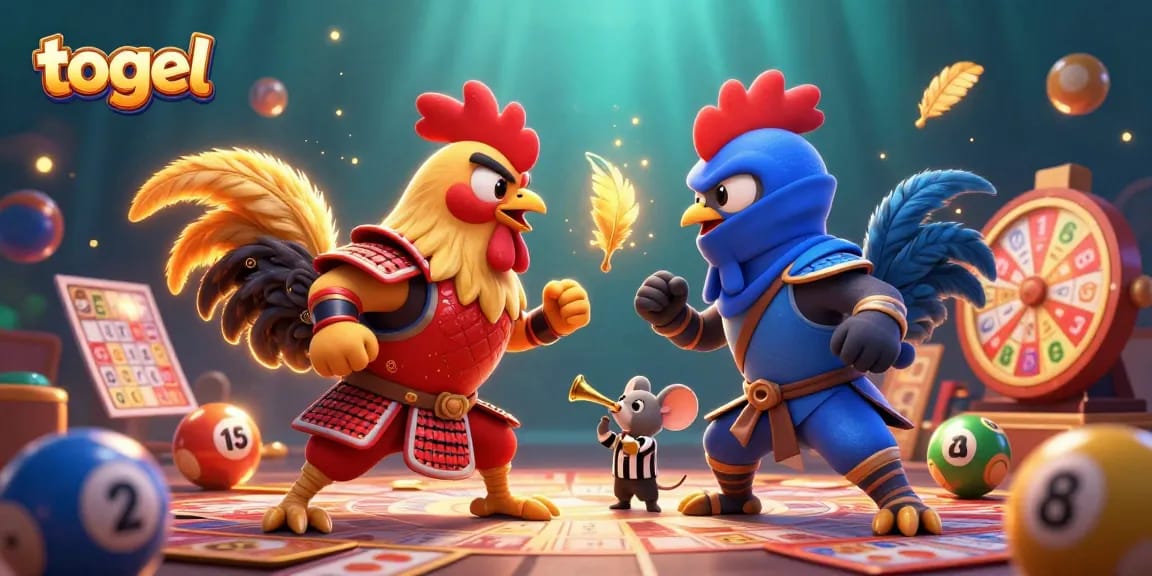 Togel themed casino artwork featuring dynamic cartoon roosters and lottery elements in a vibrant illustration
