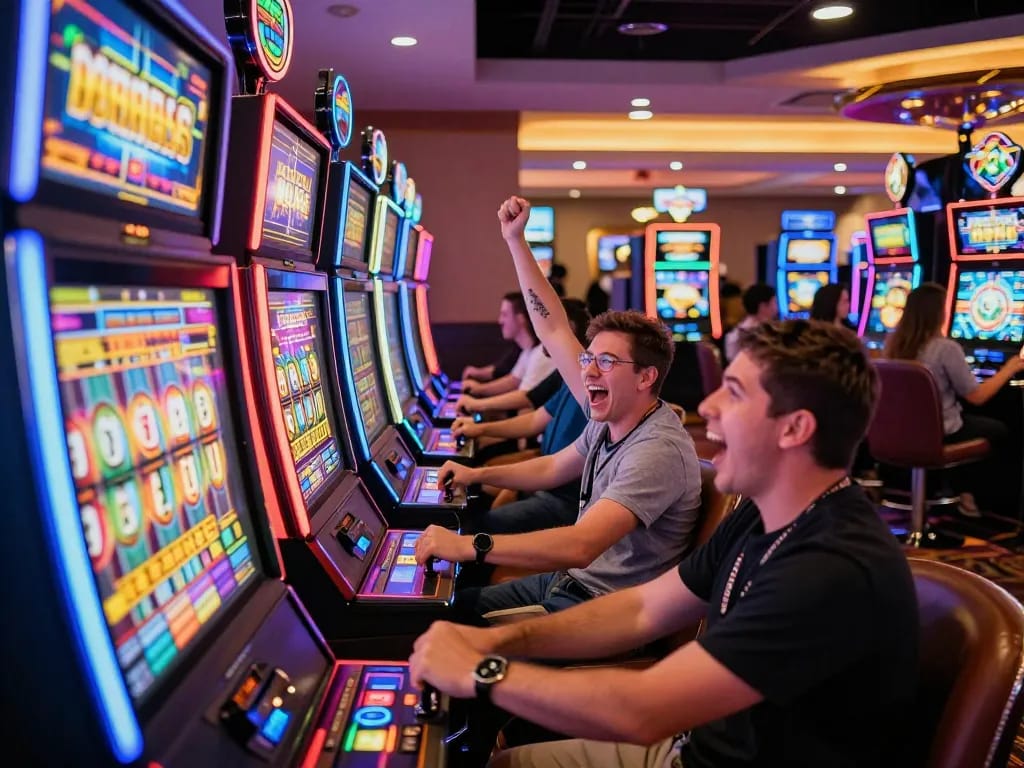Experience the excitement of slot depo 1k at a lively casino slot machine area, with players celebrating thrilling wins.