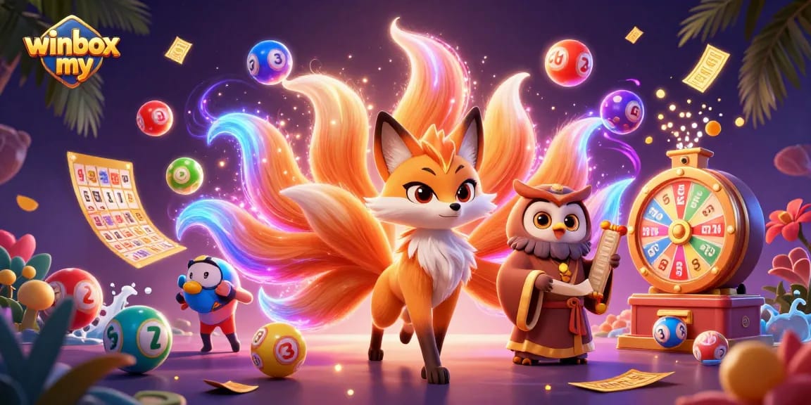 Experience the thrill of winbox my with vibrant lottery balls bouncing and lucky characters in a lively casino-themed illustration.