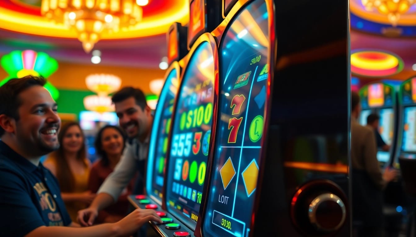 Main bandar slot mesin dengan pemain antusias menanti kemenangan di kasino.