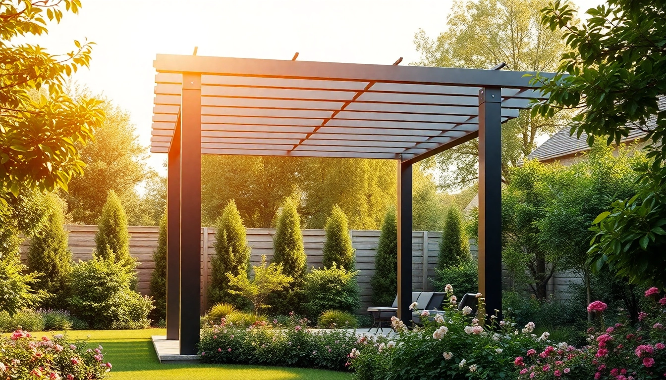 Enhance your outdoor space with a modern steel pergola providing stylish shade and elegance.