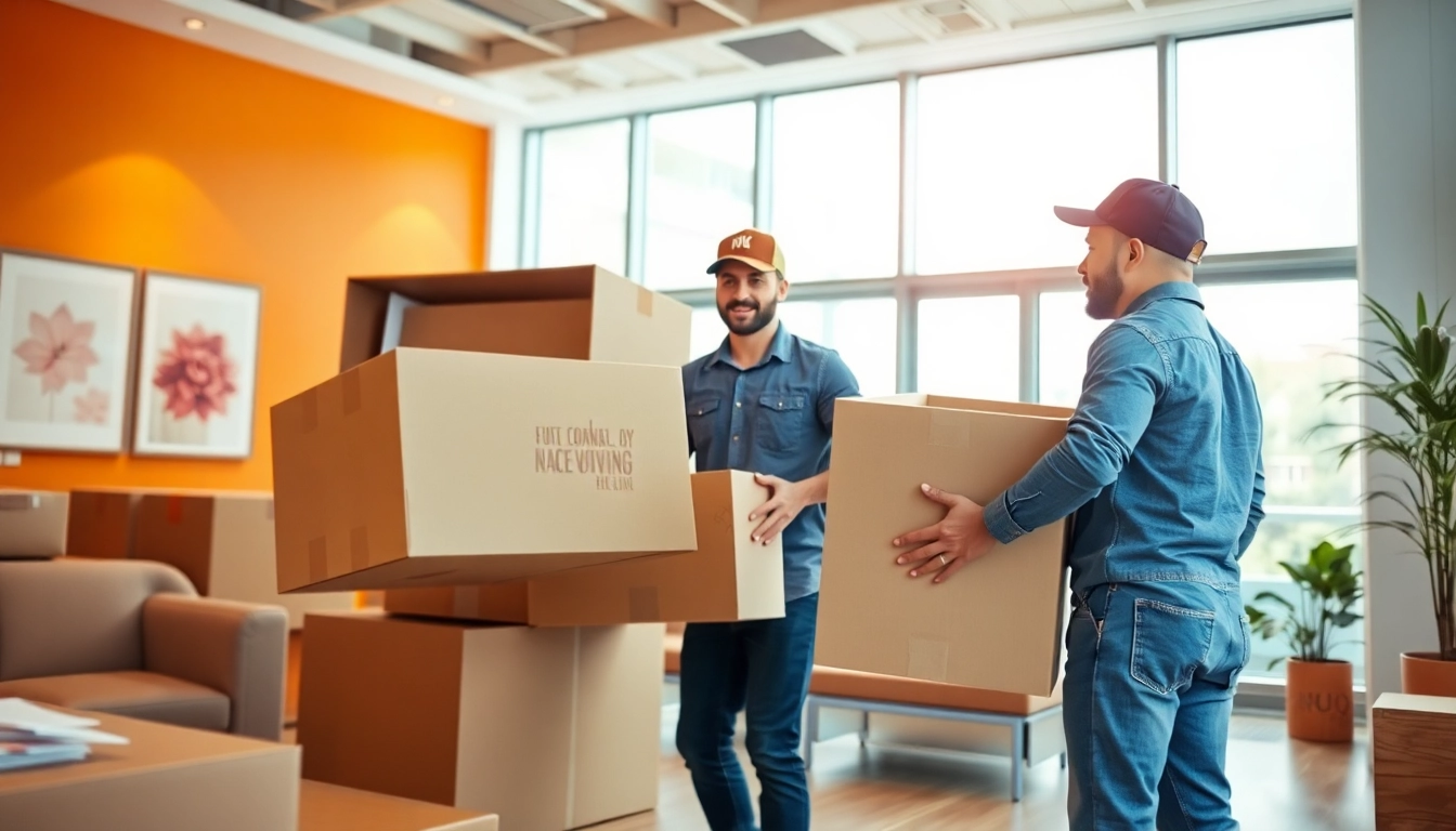 Movers lifting boxes in a modern office, showcasing teamwork and professionalism.