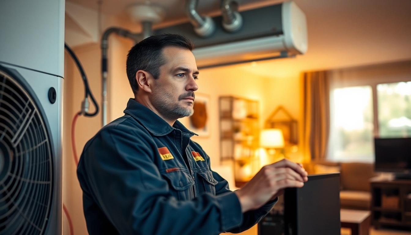 Technician providing emergency heating repair service in a home, demonstrating expertise and urgency.
