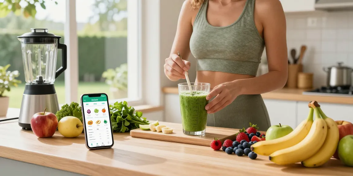 The best macro tracking app displayed on a smartphone in a bright kitchen while preparing a healthy smoothie.