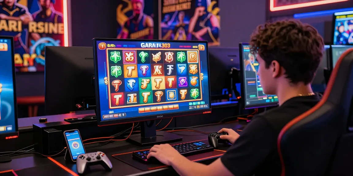 Engaging player enjoying garuda303 slot online at a modern gaming setup with vibrant graphics and accessories.