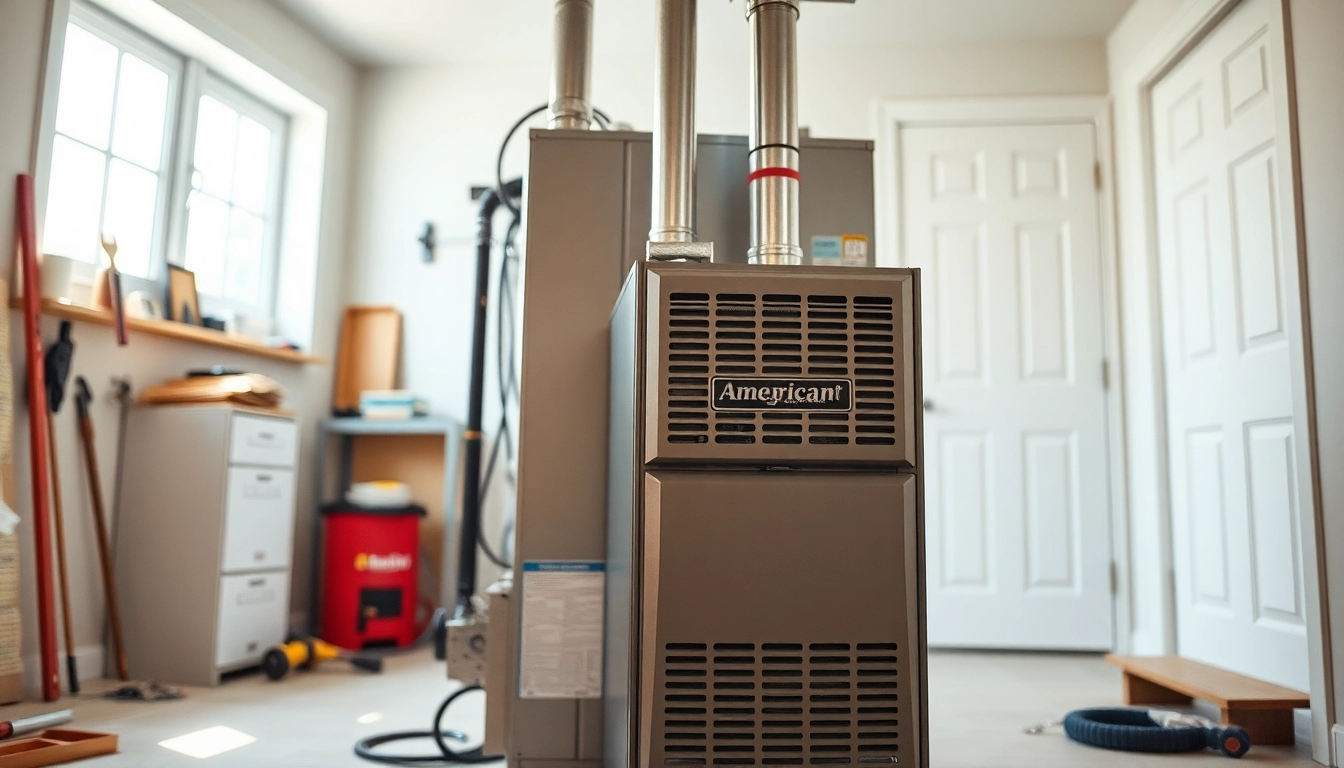 Install an efficient American Standard furnace in a modern home setting with tools and warm lighting.