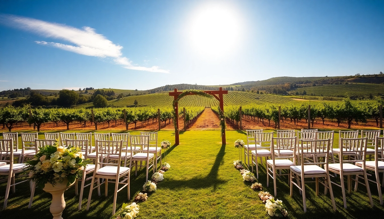 Clarksburg wedding setup in vineyards with floral decorations and rustic arch.