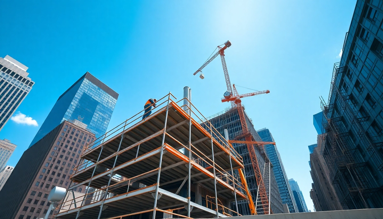 New York Commercial General Contractor overseeing a construction project with urban skyline.