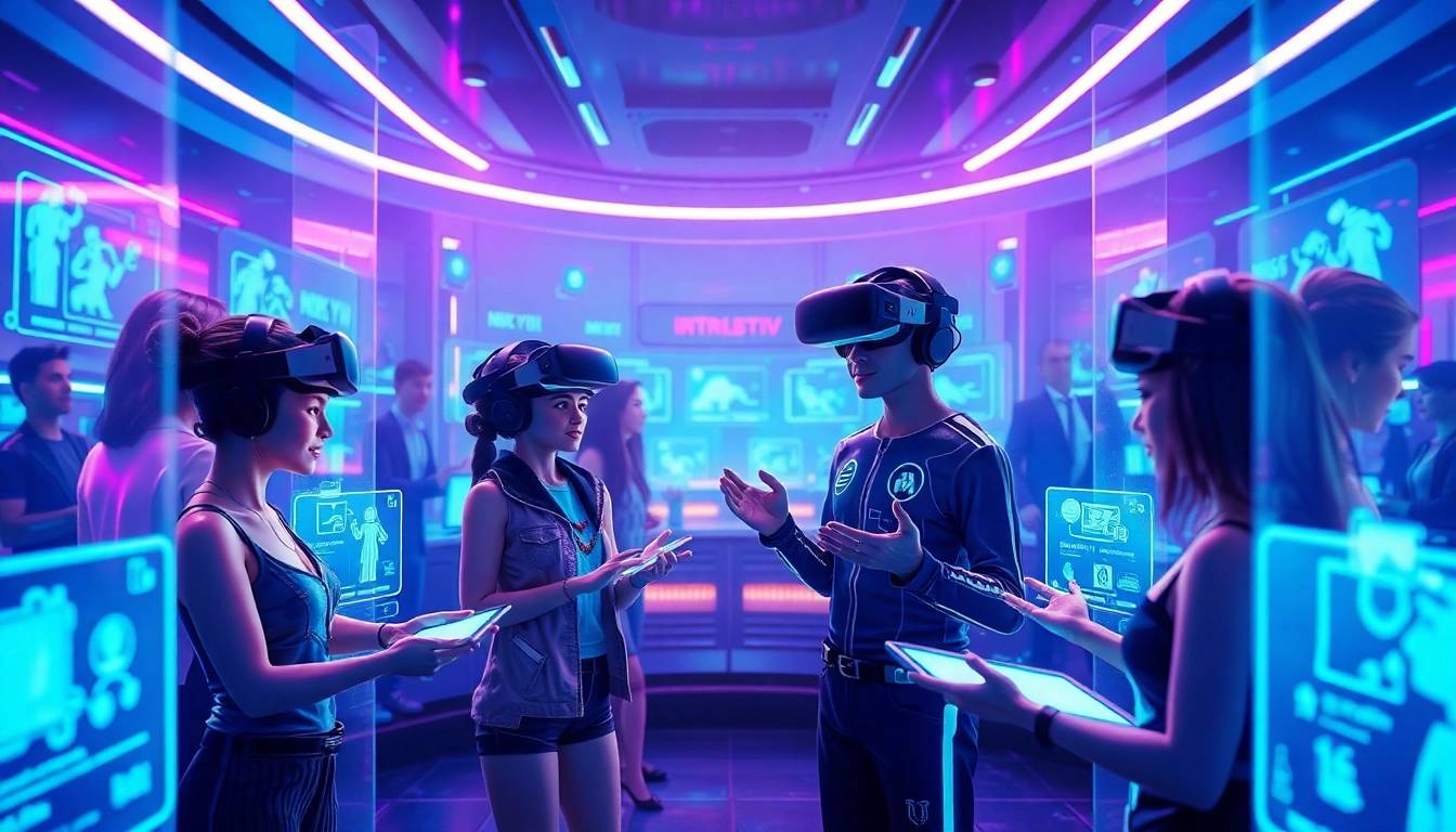 Dynamic NSFW character AI interaction scene with holographic avatars and tech elements.