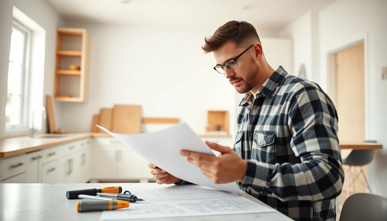 Contractor overseeing a home renovation project in a bright, modern kitchen setting.