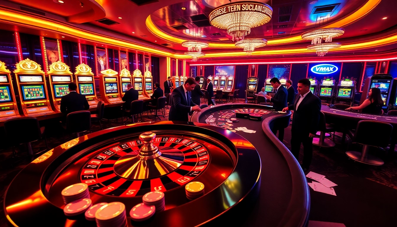 Experience the thrill of vmax with exciting roulette and poker tables in an upscale online casino setting.