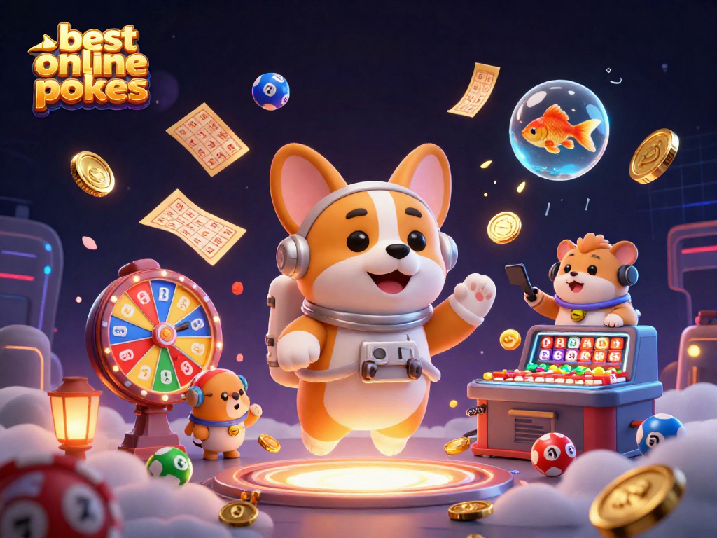 Engaging scene showcasing best online pokies with vibrant casino elements, featuring a corgi astronaut.