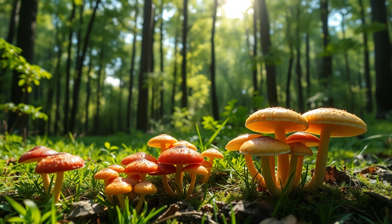 Buy mushrooms online Canada with vibrant mushrooms in a calm forest setting.