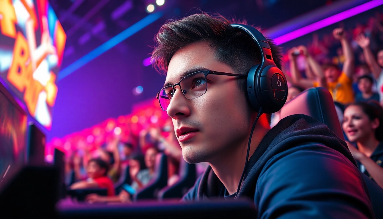 Gamer competing in an esports tournament at https://www.gamelevate.com with an energetic atmosphere.