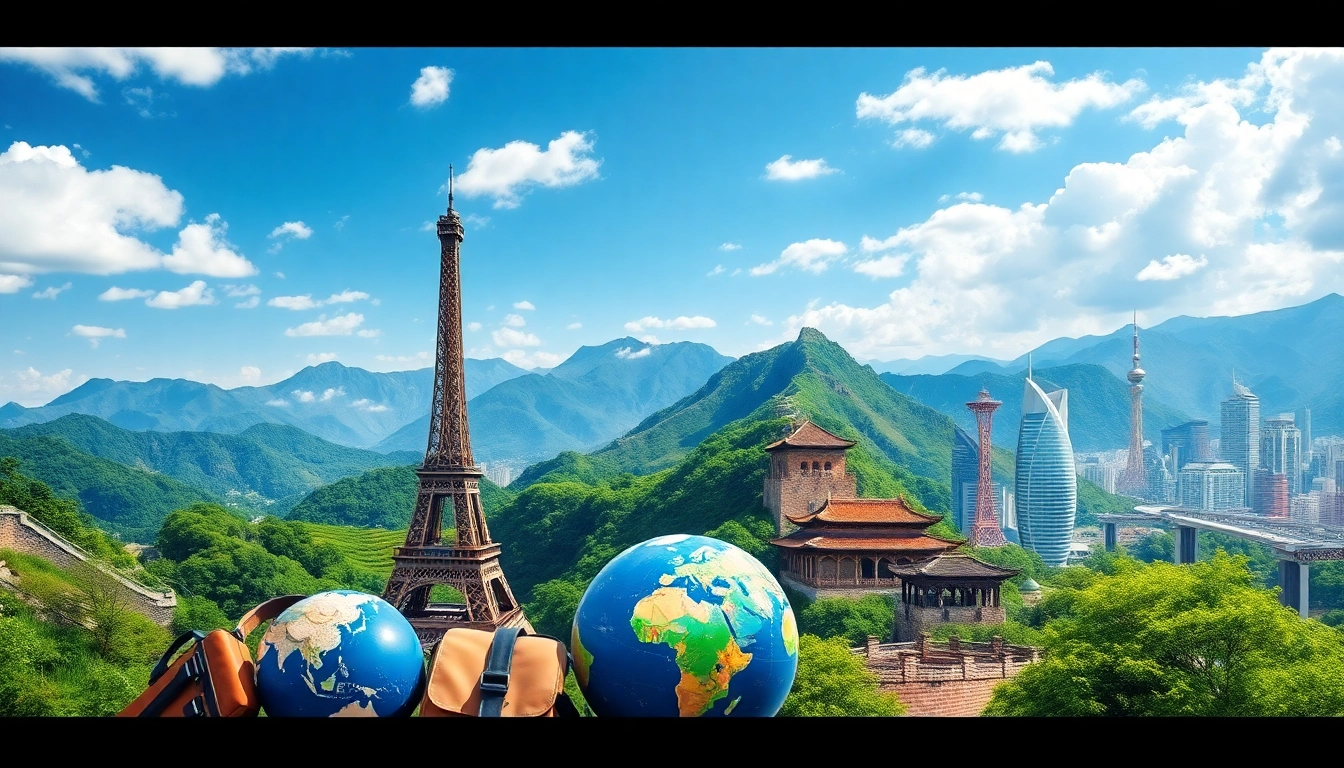 Showcasing round the world destinations with famous landmarks in a vibrant travel scene.