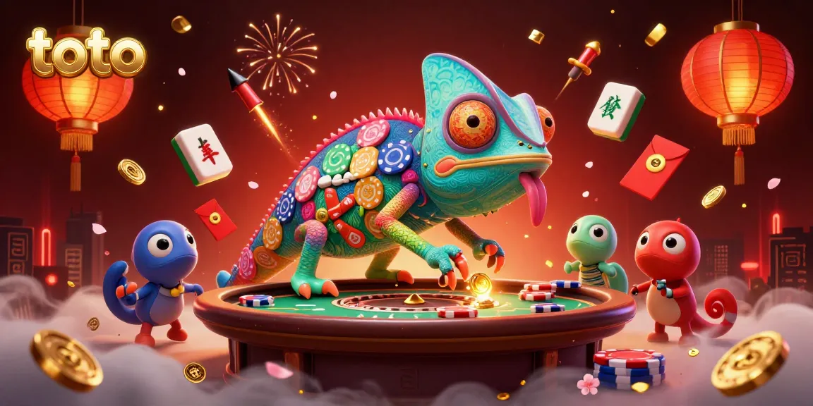 Toto-themed casino illustration showing a chameleon owner capturing golden coins, surrounded by dynamic gambling elements.