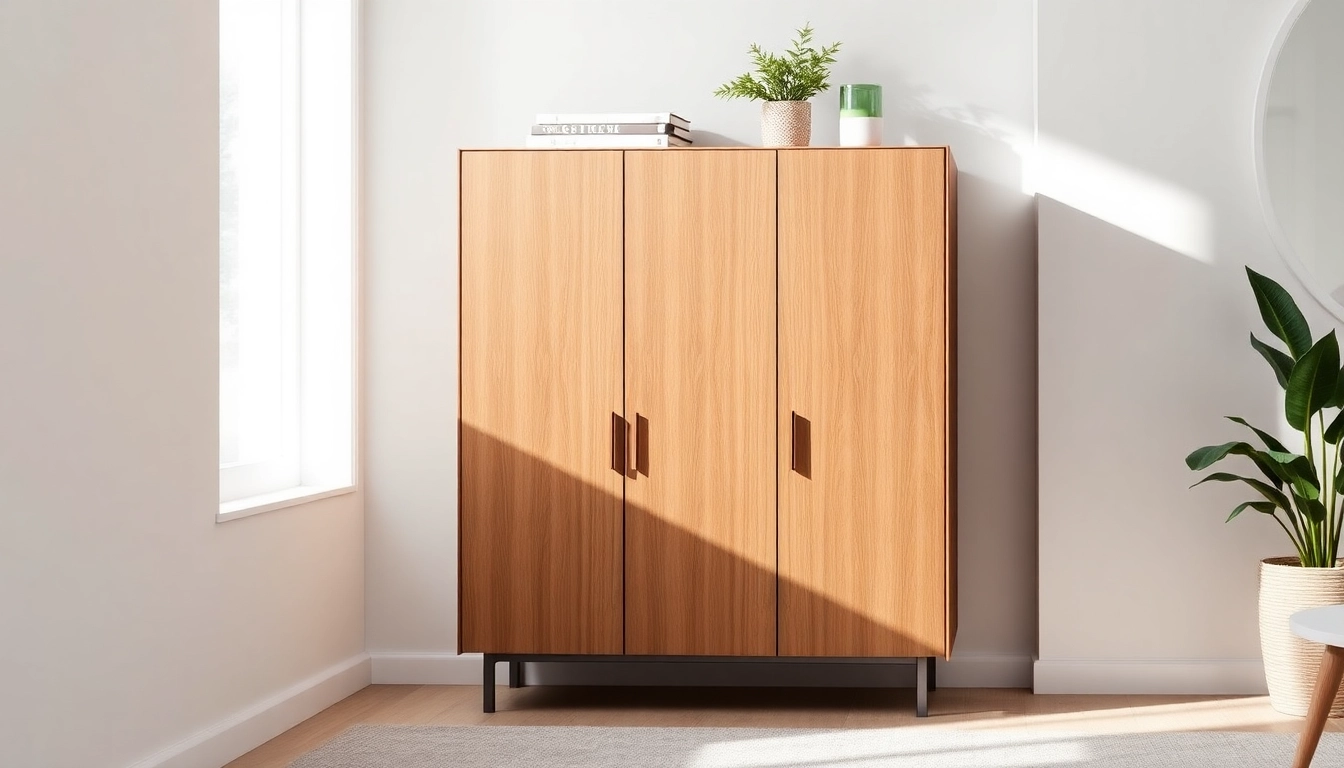 Stylish storage cabinet enhancing a modern interior space with warm wood tones.