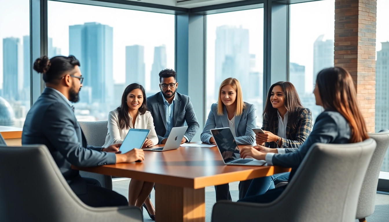 Collaborative scene showcasing Technology Companies professionals exchanging ideas in a modern office.