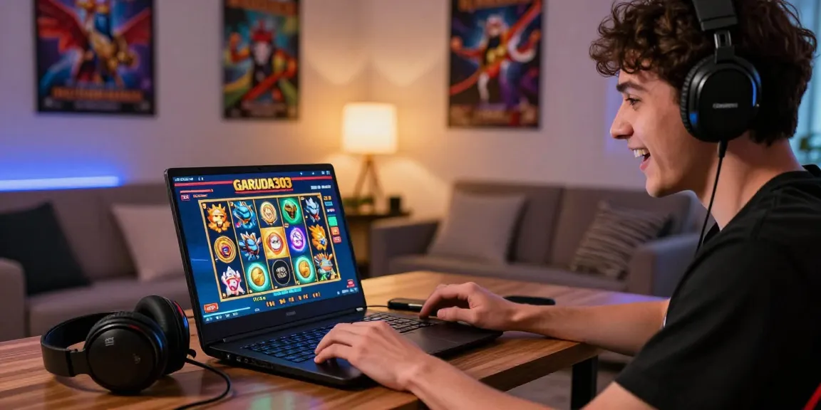 Excited player enjoying the GARUDA303 slot game experience in a cozy gaming room.