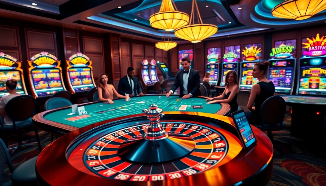 Engaging scene of players enjoying games at Jogoluck's casino with poker chips and a roulette wheel.